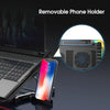 A removable phone holder is shown next to a laptop, highlighting its function as a phone holder.