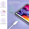 A white precision stylus pen is shown with indicators for battery level and easy nib replacement on a purple background.