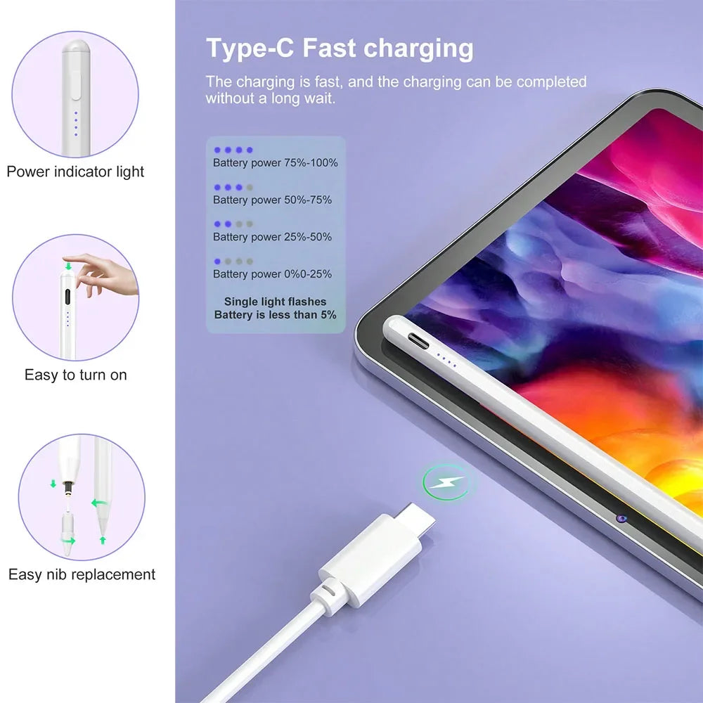 A white precision stylus pen is shown with indicators for battery level and easy nib replacement on a purple background.