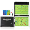 A foldable magnetic soccer coaching board with markers and a diagram of a football field.