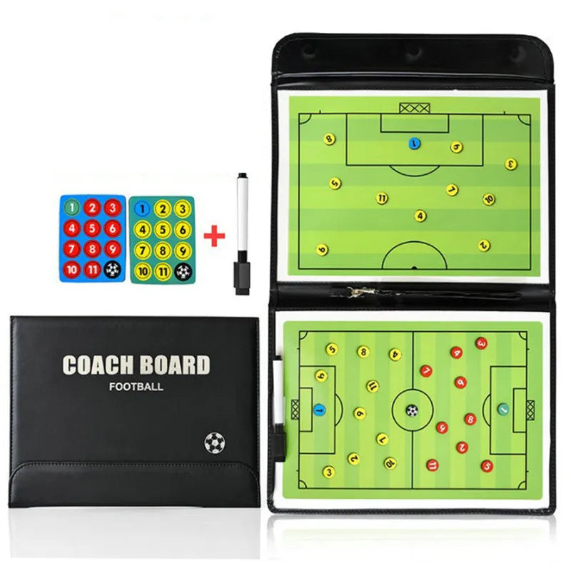 A foldable magnetic soccer coaching board with markers and a diagram of a football field.