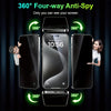 A display screen protector film is shown demonstrating 360-degree anti-spy protection on an iPhone.