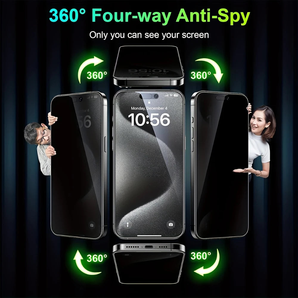 A display screen protector film is shown demonstrating 360-degree anti-spy protection on an iPhone.