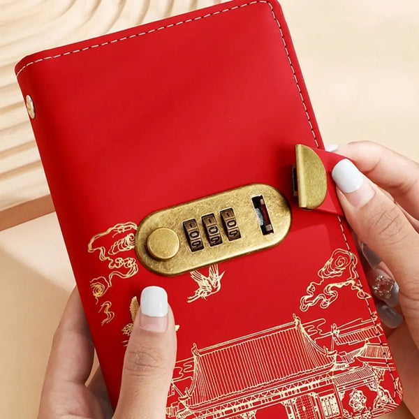 A red personal finance budget binder with a gold lock is held by a hand, featuring an intricate traditional Chinese architect