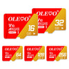 Red memory cards with various storage capacities labeled with OLEVO and GB