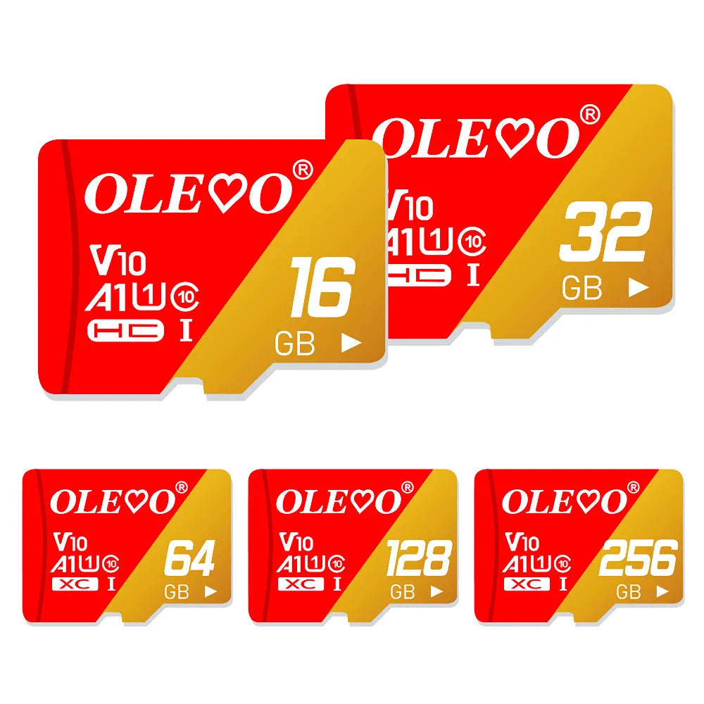 Red memory cards with various storage capacities labeled with OLEVO and GB