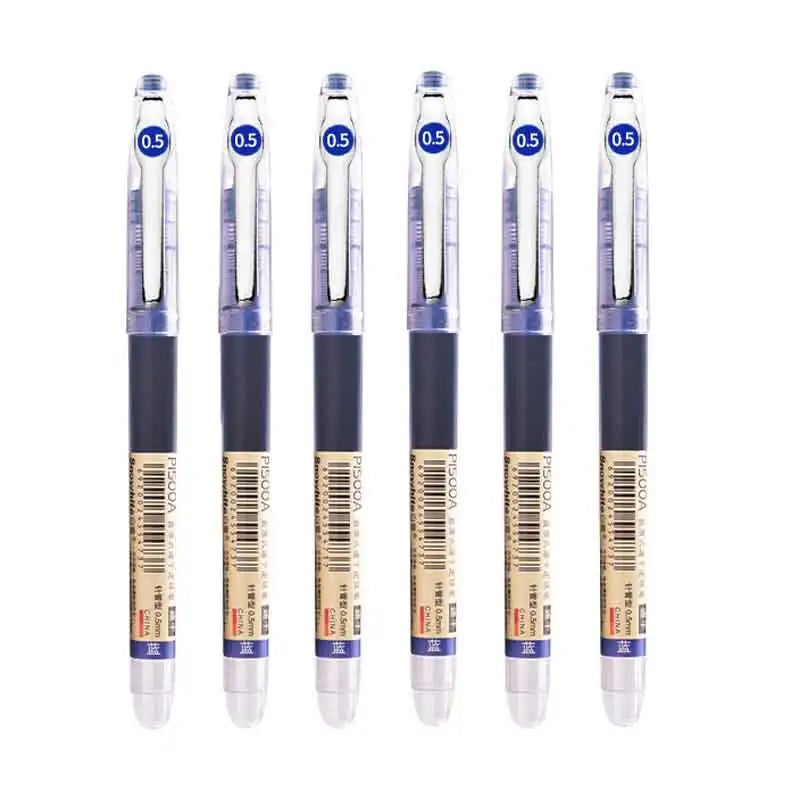 A set of five precision rollerball gel pens with blue and black bodies and silver caps.