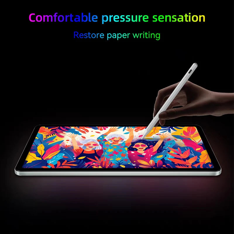 A hand holds a stylus writing on an iPad screen displaying colorful floral patterns.