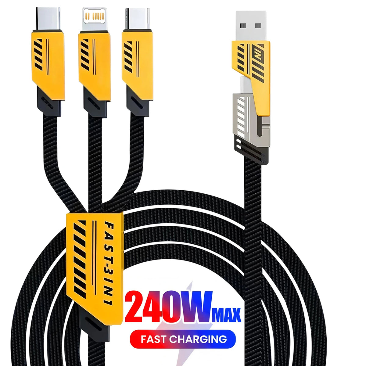 A black multi-USB fast charging cable with three yellow connectors and a silver USB-C connector.