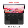 Clavier magnétique flottant noir avec un iPad affichant un paysage coloré.
