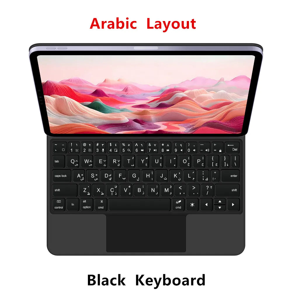 Clavier magnétique flottant noir avec un iPad affichant un paysage coloré.