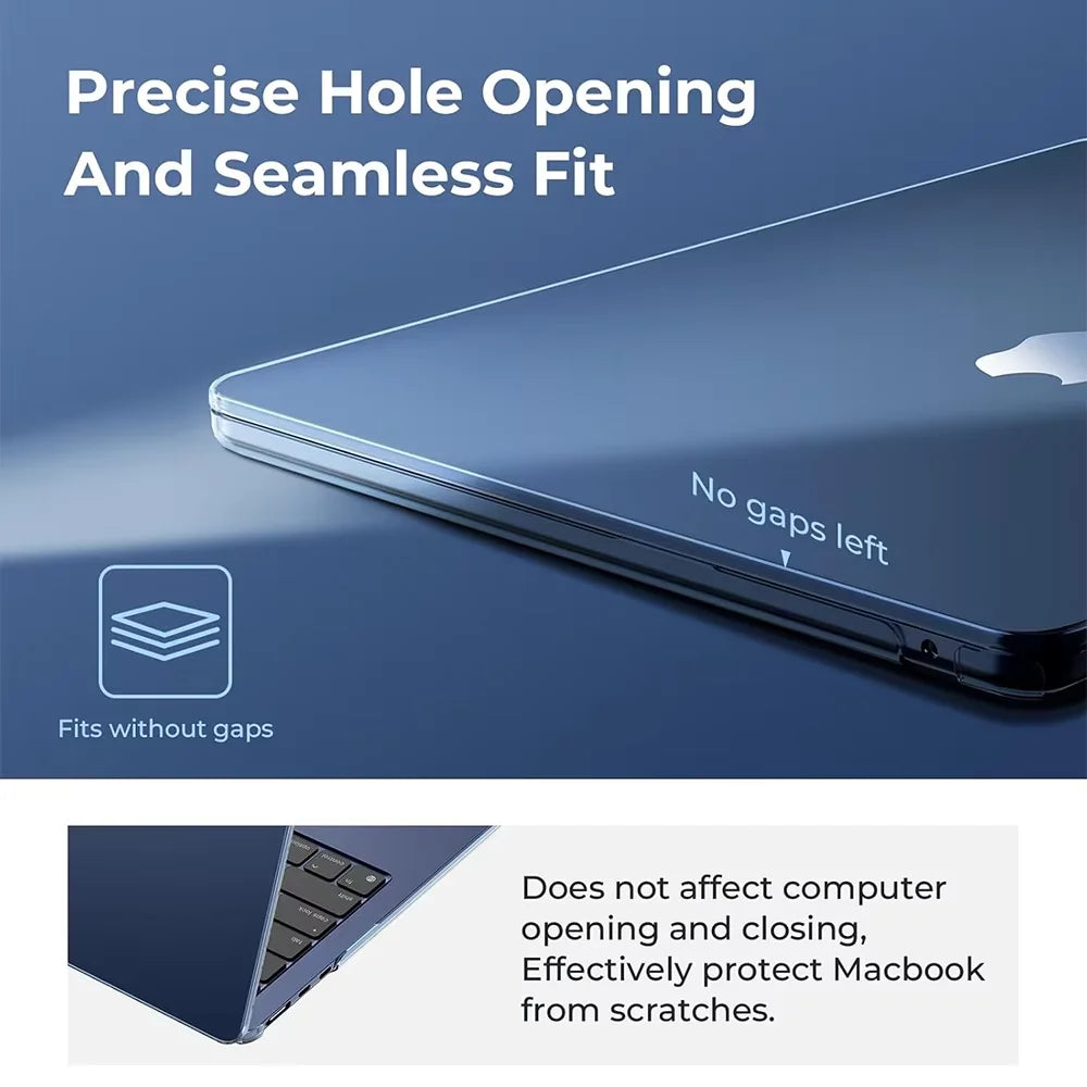 A close-up of a matte blue protective case fitting seamlessly onto a MacBook, emphasizing precise hole opening and a seamless