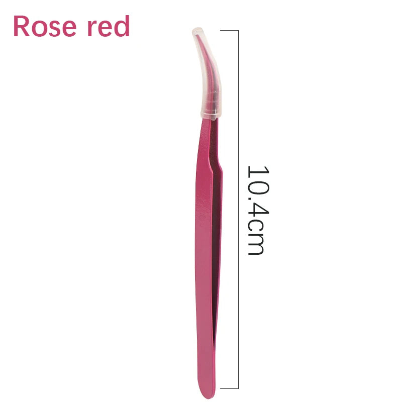 A long, slender rose red precision tweezer used for nail art and eyelash extensions.