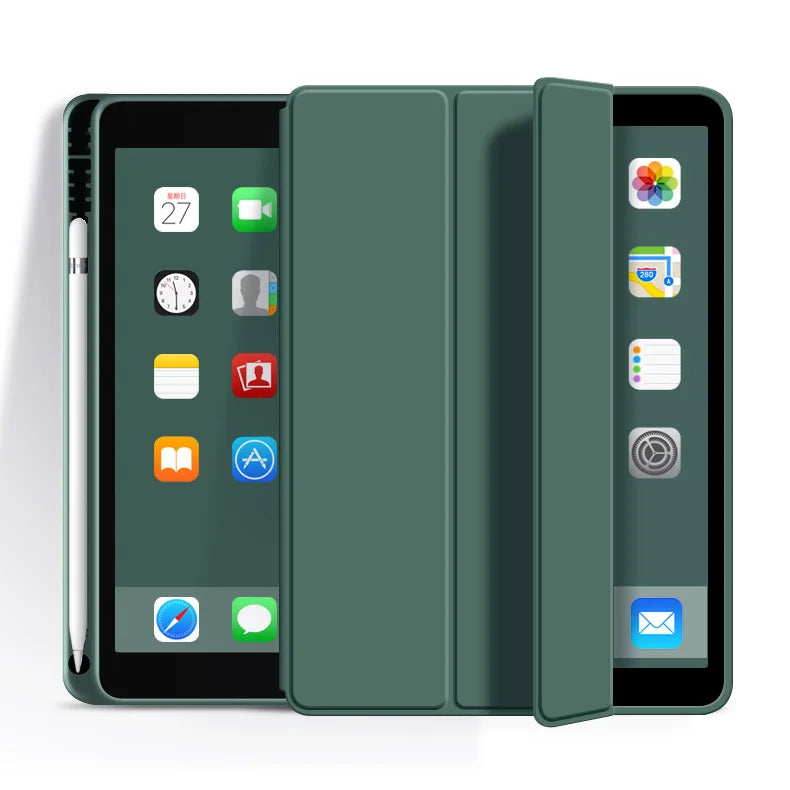 A green premium TPU protective case for an iPad showing various app icons.