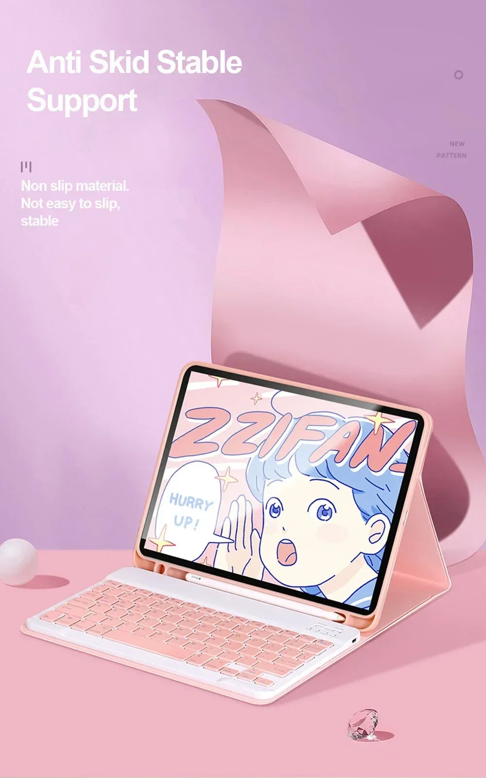 Pinkes magnetisches Leder-Tastaturl case, geöffnet, mit farbiger Illustration auf dem Bildschirm.