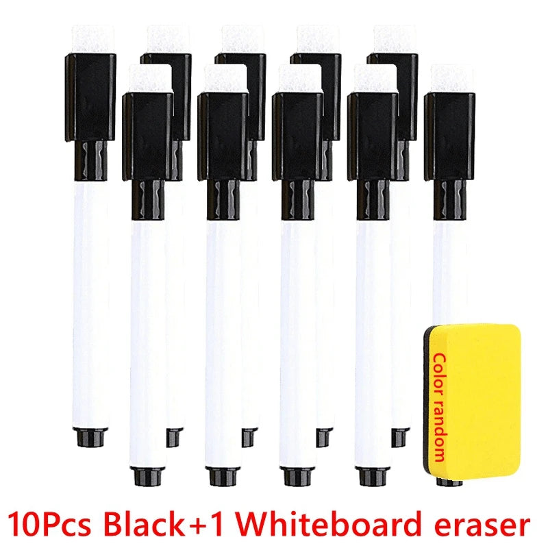 Ten black dry erase markers and one whiteboard eraser are displayed side by side.