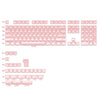 A translucent pink keycap set with multiple rows and profiles labeled R1 through R4, showing various keycaps in different siz
