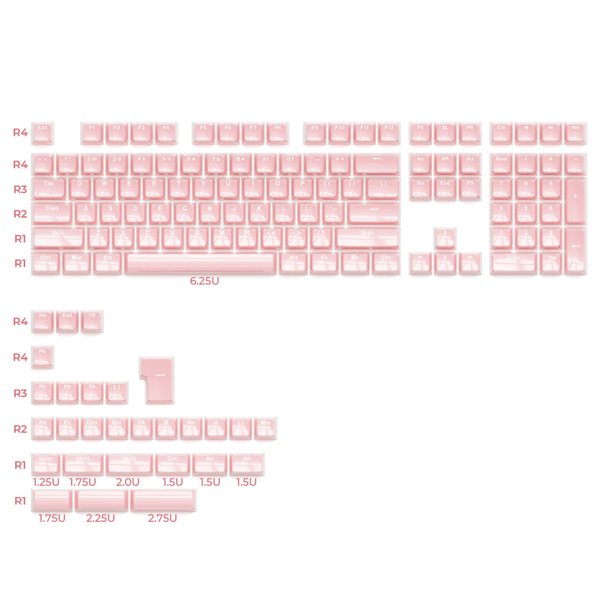 A translucent pink keycap set with multiple rows and profiles labeled R1 through R4, showing various keycaps in different siz