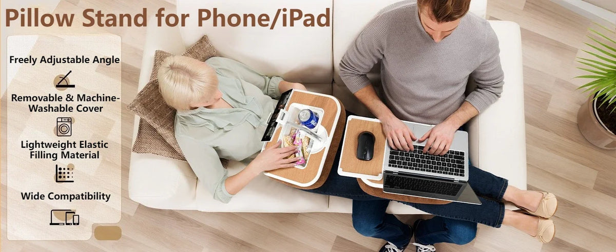 A person is using a pillow stand for a phone or iPad while relaxing on a couch.