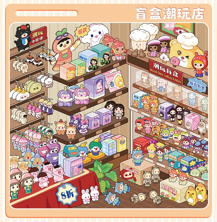 A colorful display of cute 3D stickers and accessories for a DIY pocket cabin scene kit.