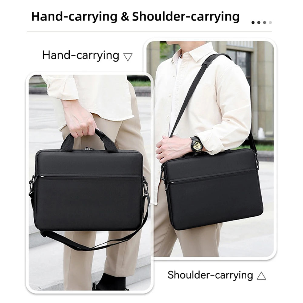 Demonstration of a black laptop sleeve being carried by hand and over the shoulder.