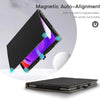 A black drawing pad case is shown with a screen visible, demonstrating magnetic auto-alignment functionality.