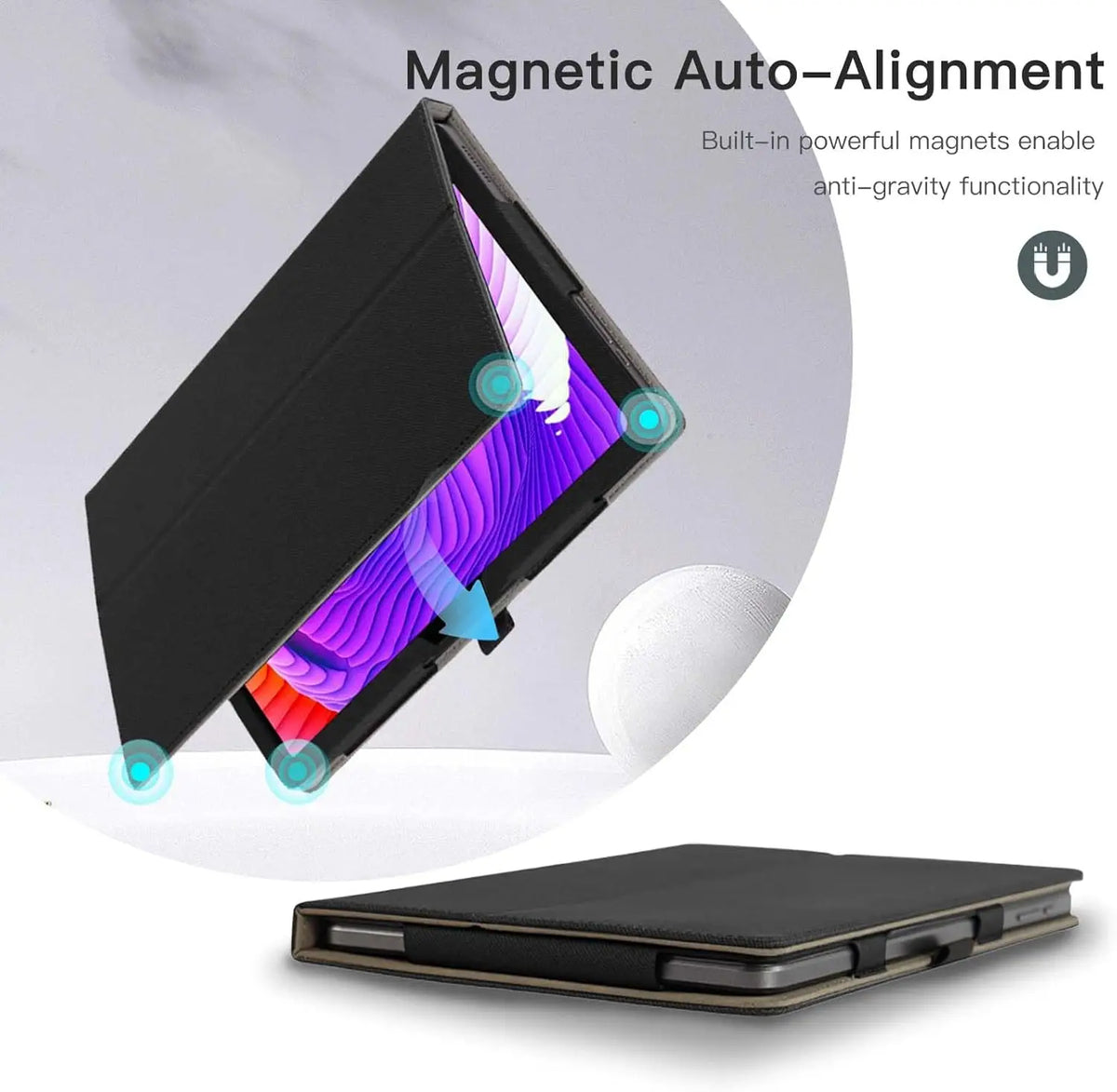 A black drawing pad case is shown with a screen visible, demonstrating magnetic auto-alignment functionality.