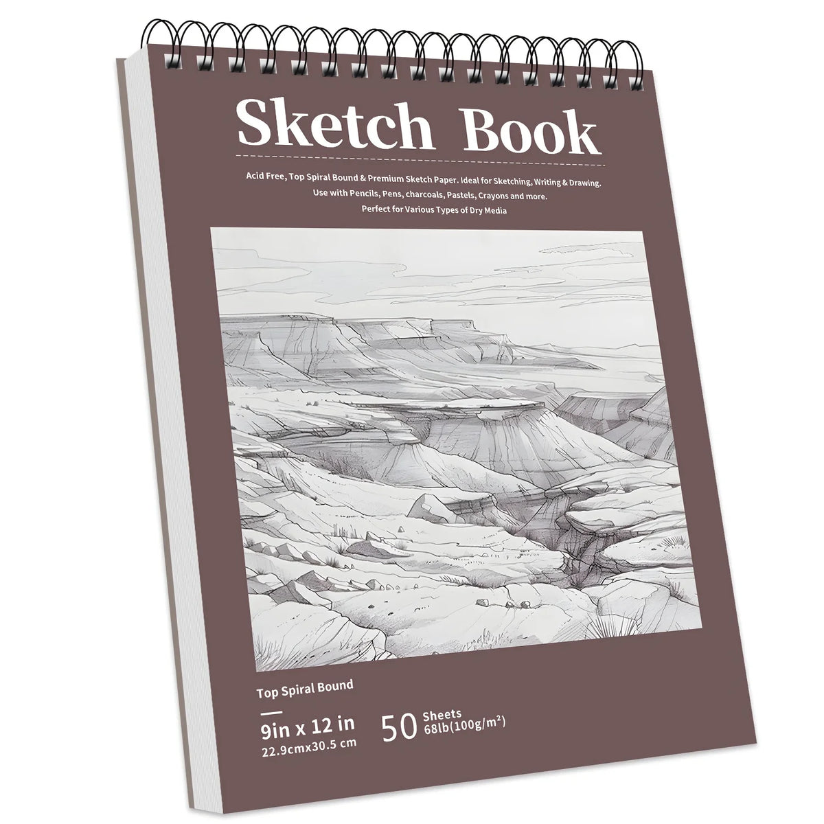 A spiral-bound sketch book with a cover featuring a landscape drawing.