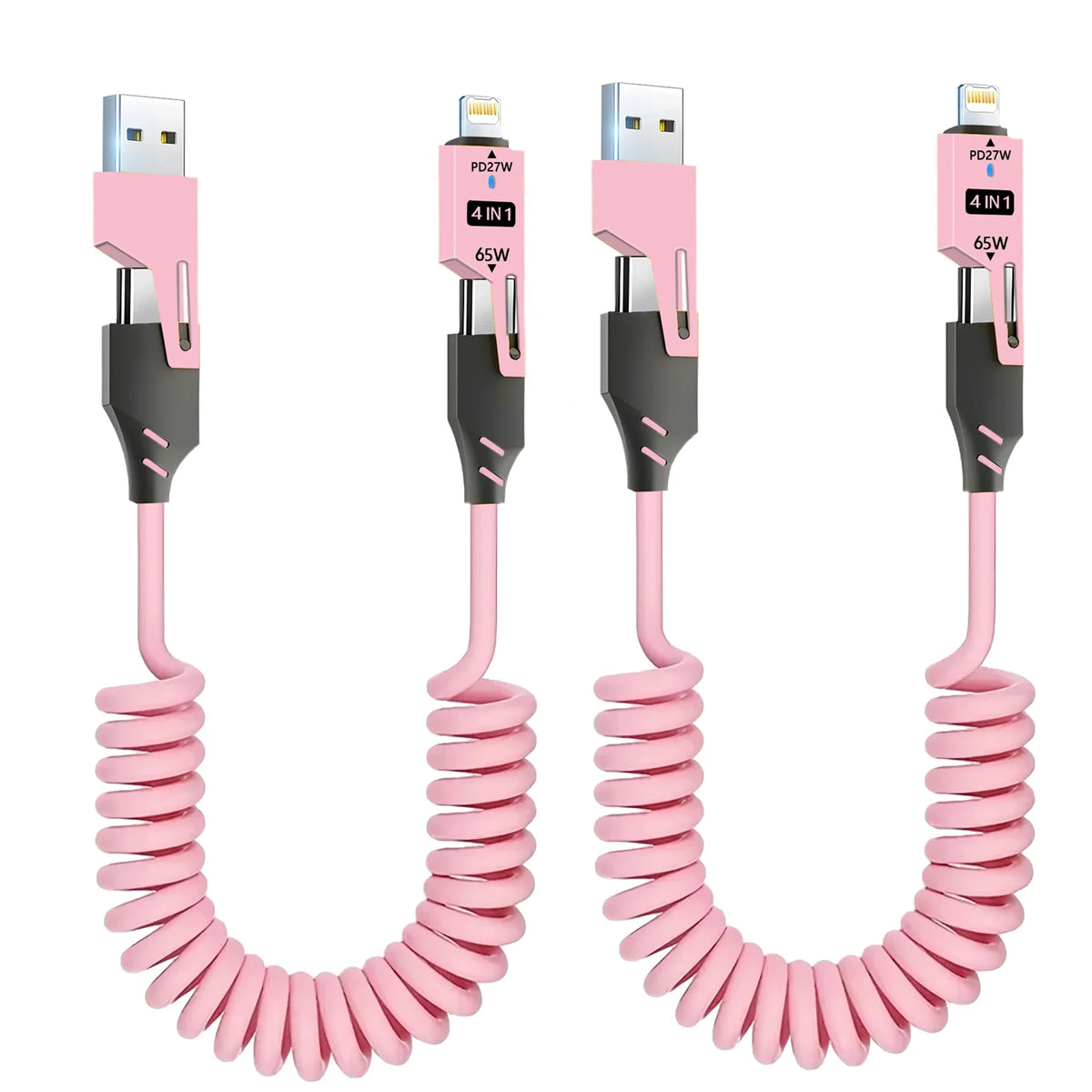 A pair of pink retractable 4-in-1 fast charging cables with 65W USB-C adapters.