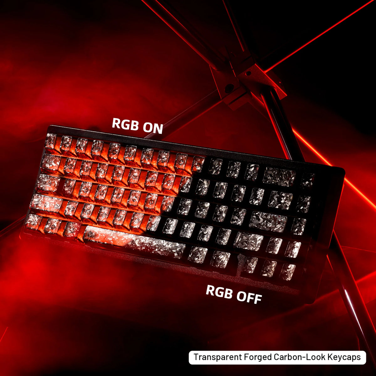 A close-up of a mechanical keyboard with transparent forged carbon-look keycaps, showing RGB lighting on and off.