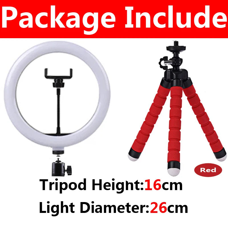 Red LED selfie ring light with a tripod, featuring a 16cm height and 26cm light diameter.