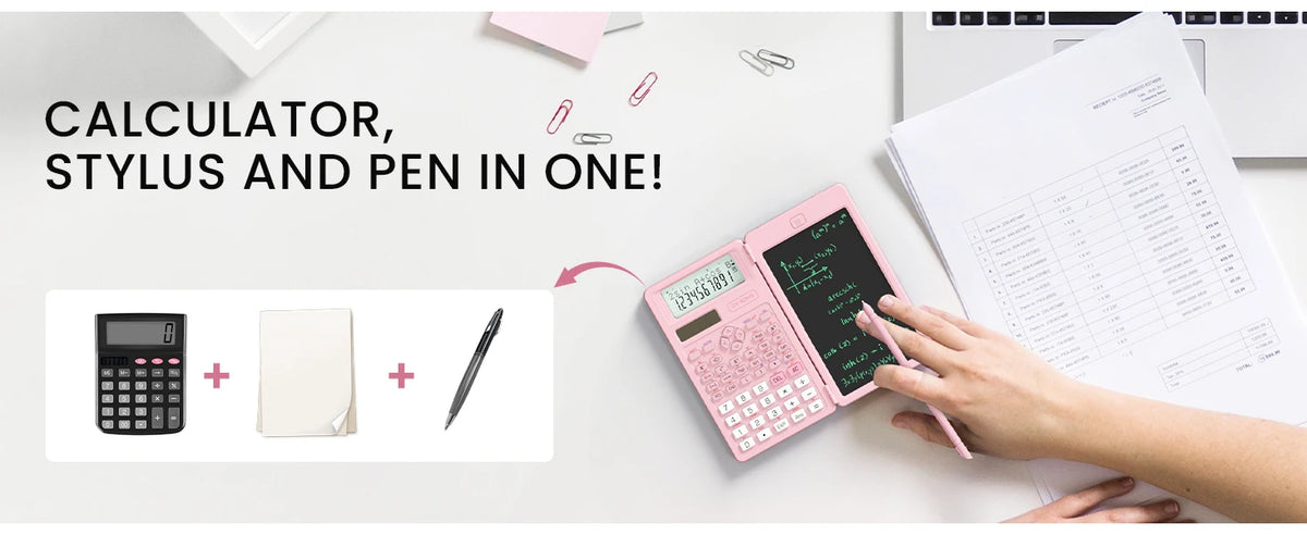 A pink calculator with a stylus and pen are shown on a white desk next to a notebook and a laptop.