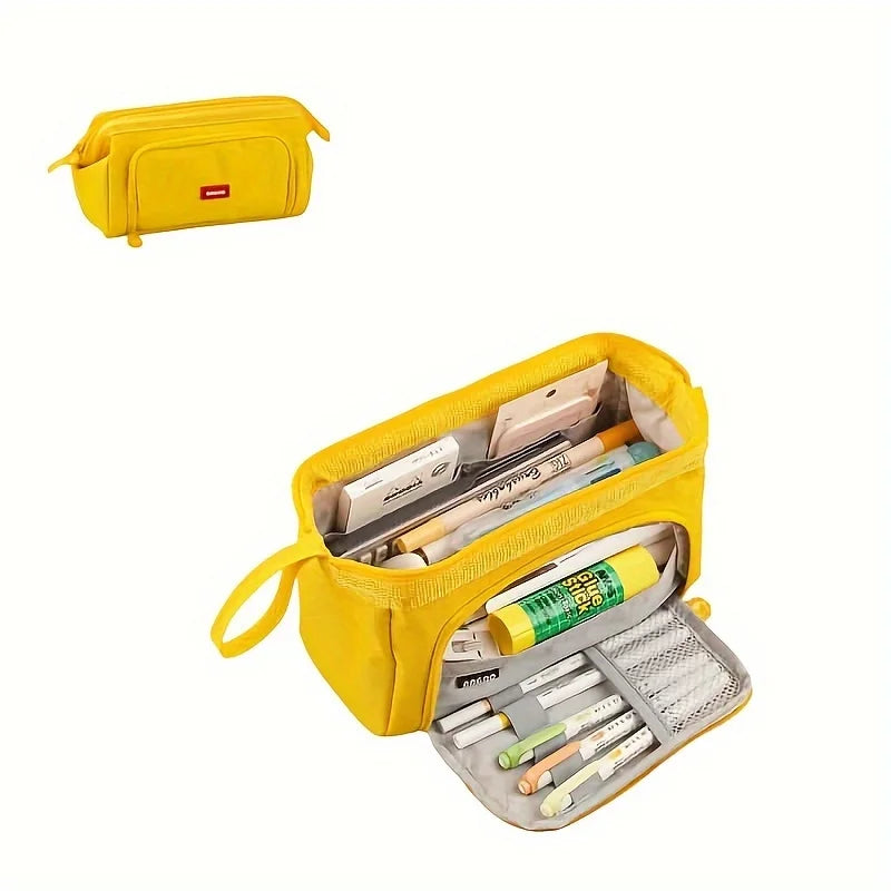 A yellow durable canvas double-deck pencil case with a zippered compartment and an open section showing pencils and pens.