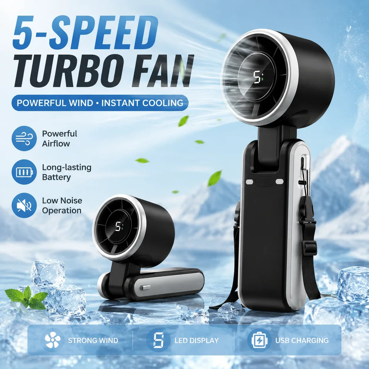 Schwarzer 5-Gang-Turbo-Lüfter mit LED-Anzeige und USB-Ladekabel vor schneebekraktem Hintergrund.