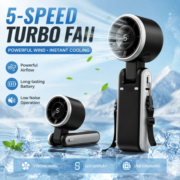 A black 5-speed turbo fan with a LED display and USB charging cable is shown against a snowy background.