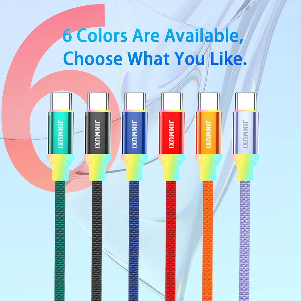 Six colored USB-C fast charging cables with braided durability wires displayed side by side.