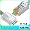 A close-up view of RJ45 modular connectors, showing through-hole and pure copper trident chips.