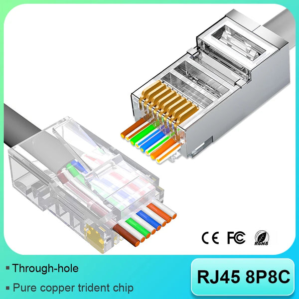 A close-up view of RJ45 modular connectors, showing through-hole and pure copper trident chips.