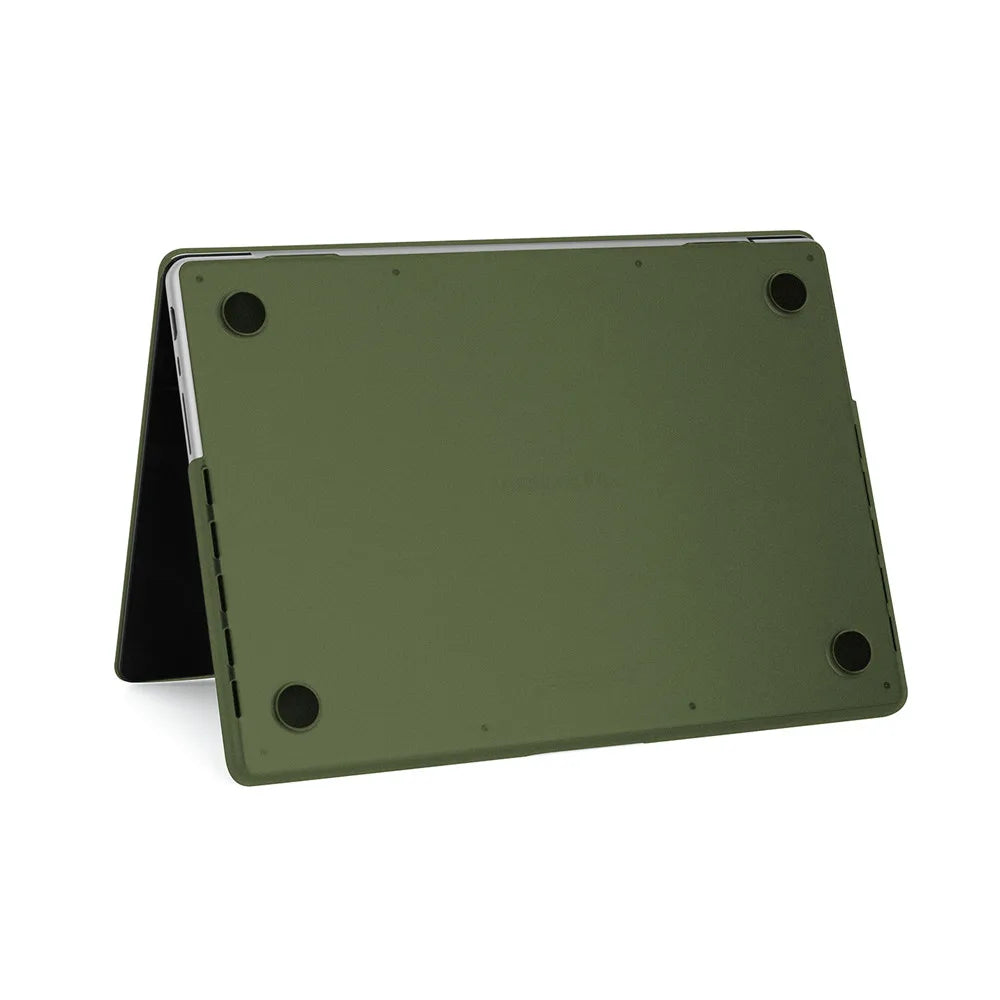 A olive green ultra-thin hard shell laptop case for a MacBook Pro or Air.