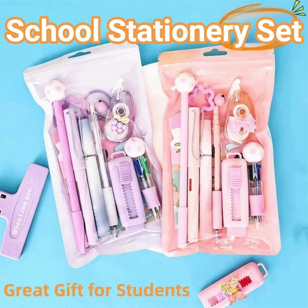 A pink and purple 6-in-1 cartoon school stationery set with pens, erasers, and other supplies packaged in plastic bags.