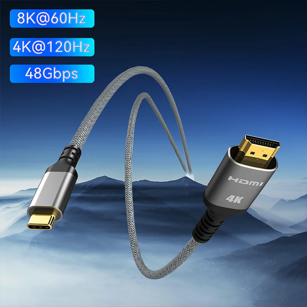 A silver USB-C to HDMI cable is shown against a mountainous backdrop, illustrating its 8K@60Hz and 4K@120Hz capabilities.