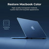 A close-up view of a silver MacBook Air laptop with a transparent protective material applied to the screen.