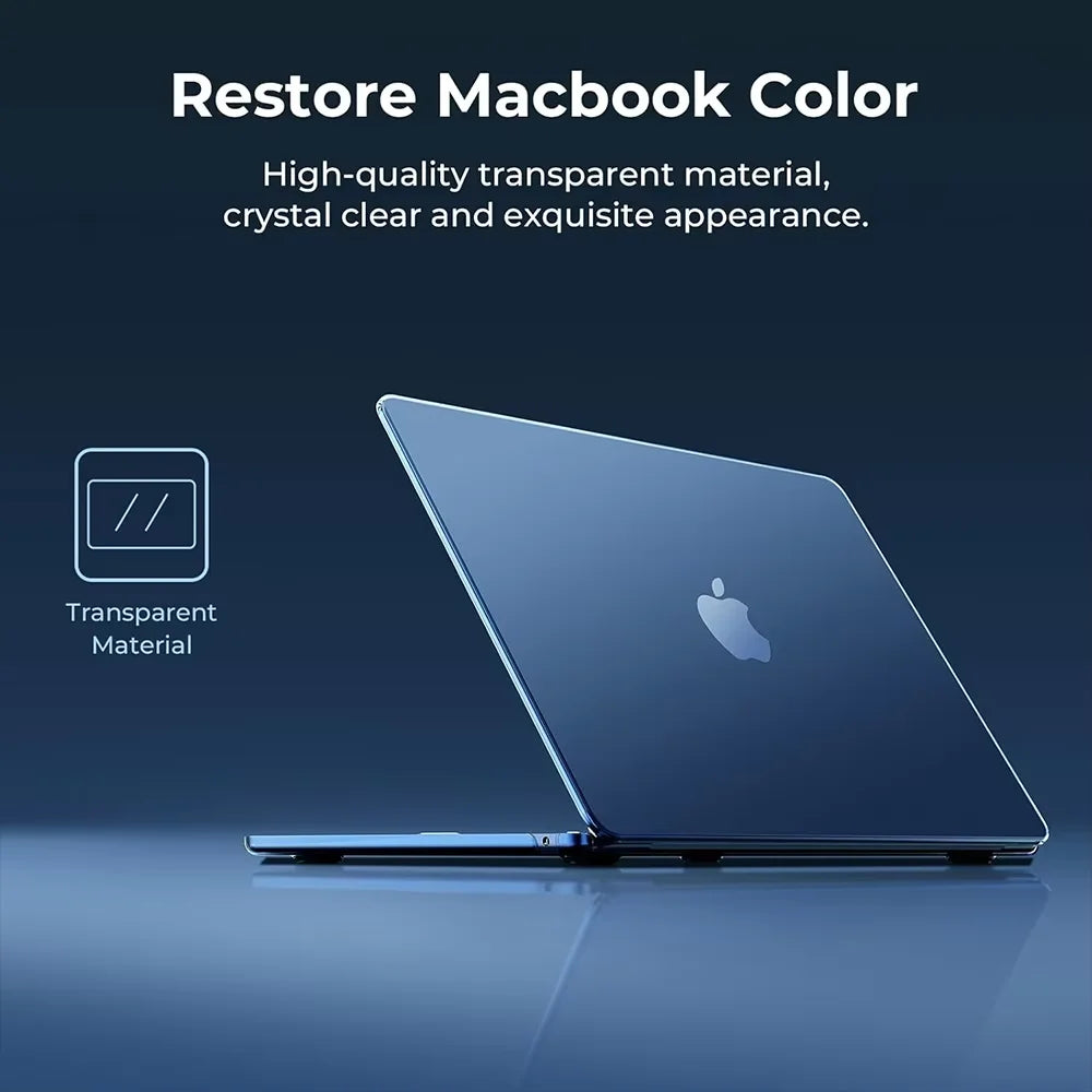 A close-up view of a silver MacBook Air laptop with a transparent protective material applied to the screen.