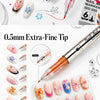 A set of nail art marker pens with 0.5mm extra-fine tips and various colors shown alongside painted nails.