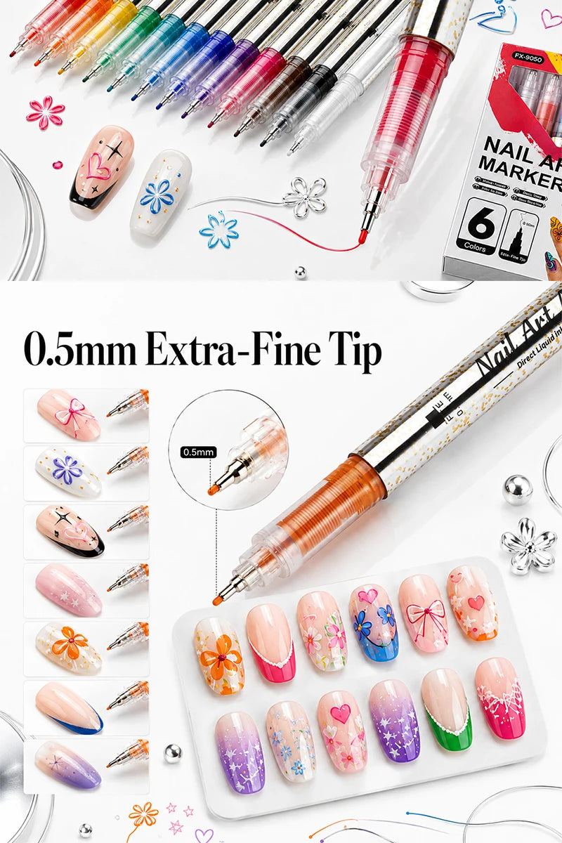 A set of nail art marker pens with 0.5mm extra-fine tips and various colors shown alongside painted nails.