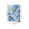 A spiral bound planner featuring blue feather designs and monthly tabs.