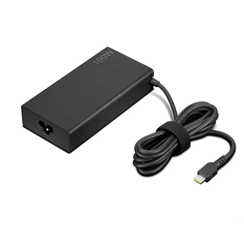 A black 100W USB-C PD laptop charger adapter with a coiled cable.