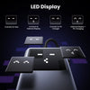 A black USB-C hub with an LED display showing connection options for host, external display, and PD charging.