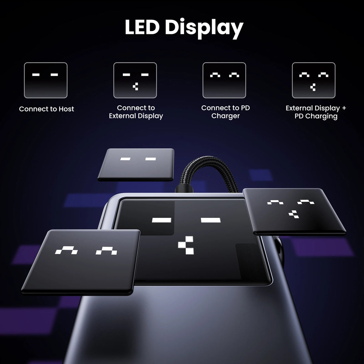 A black USB-C hub with an LED display showing connection options for host, external display, and PD charging.