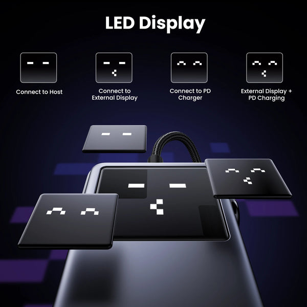 A black USB-C hub with an LED display showing connection options for host, external display, and PD charging.